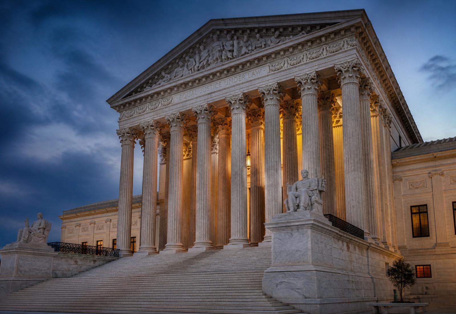 A supreme court facade illuminated at twilight