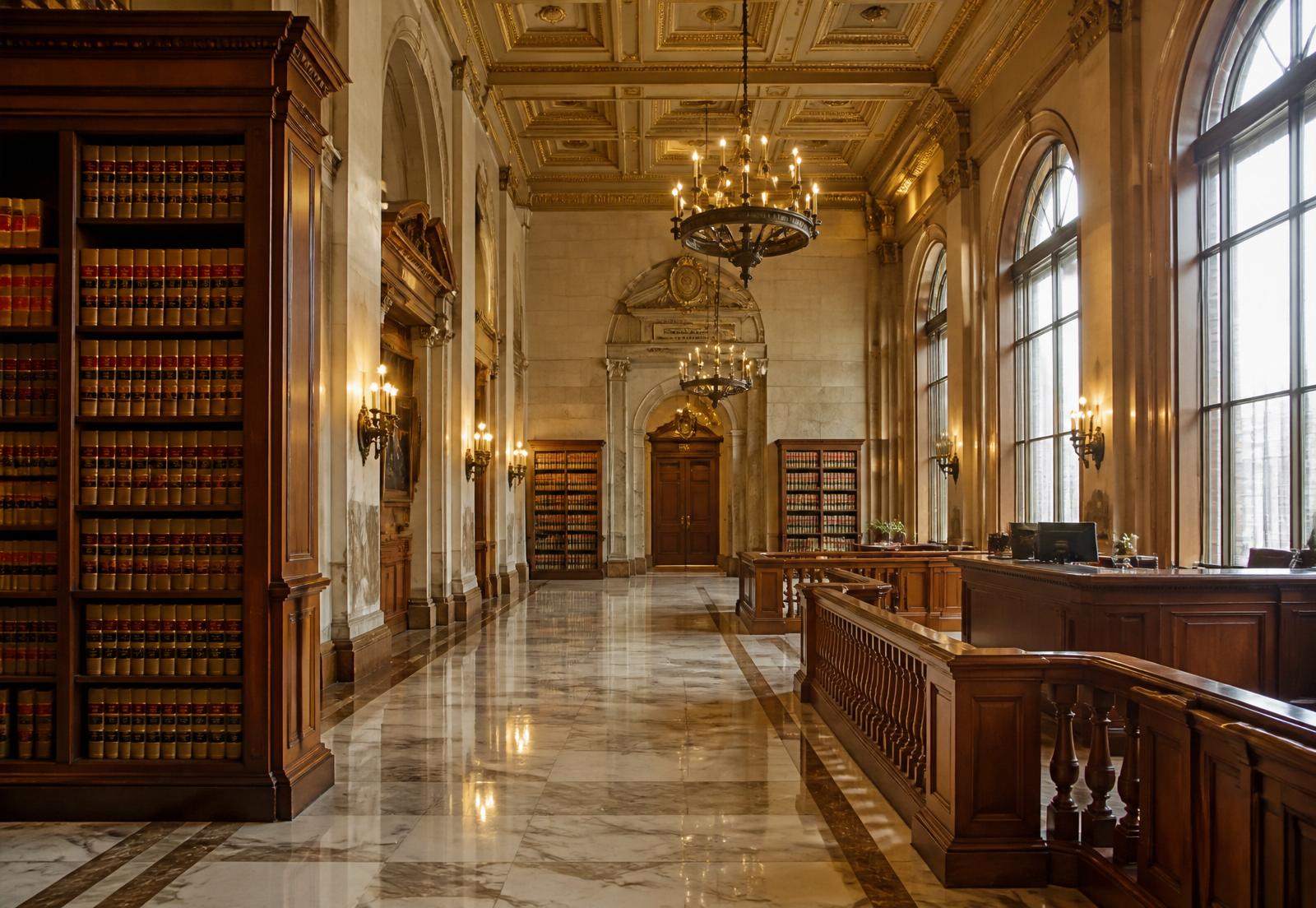 Interior of a grand law library with marble floors and leather-bound volumes